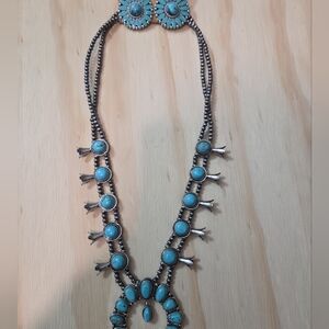 Turquoise Squash Blossom Style Necklace & Earrings Set Southwestern Boho